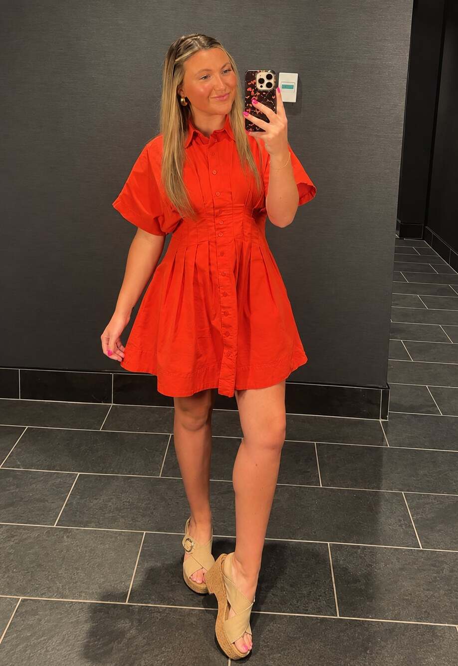 EXQUISE The Tobie Button Front Pleated Mini Shirtdress in Red Orange Size Small